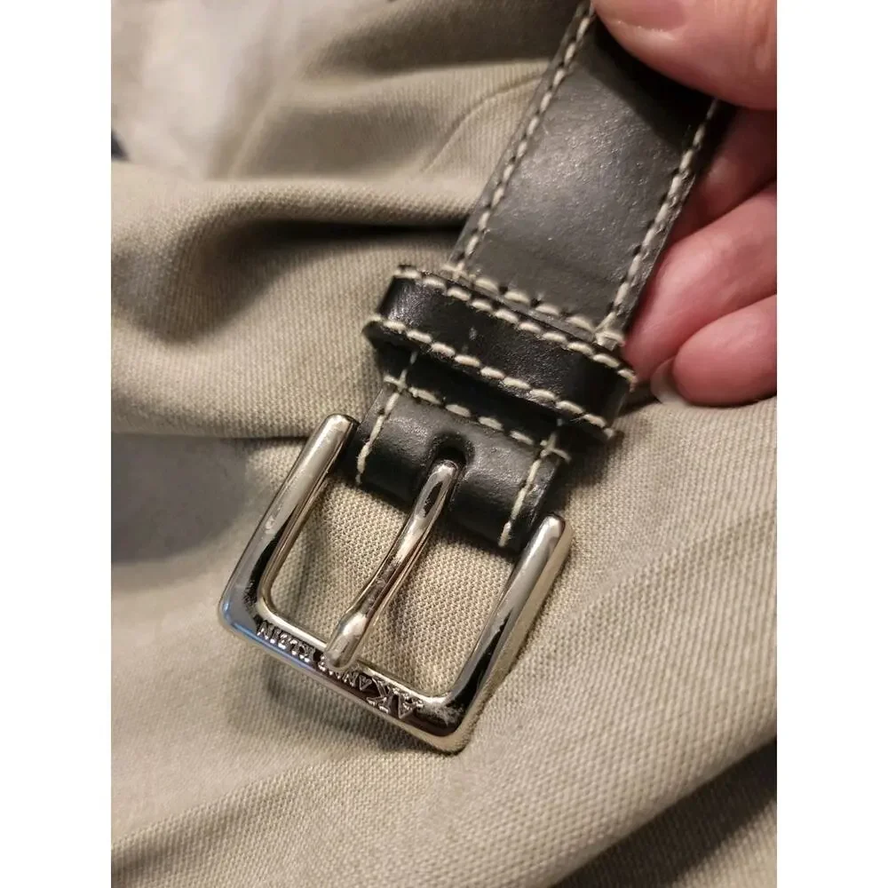 Anne Klein Black Leather Belt Silver Tone Buckle Contrast Stitch Size Medium